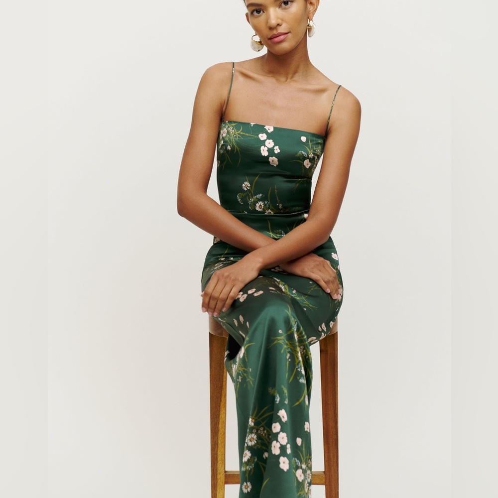Reformation Frankie Dress Green Silk Floral